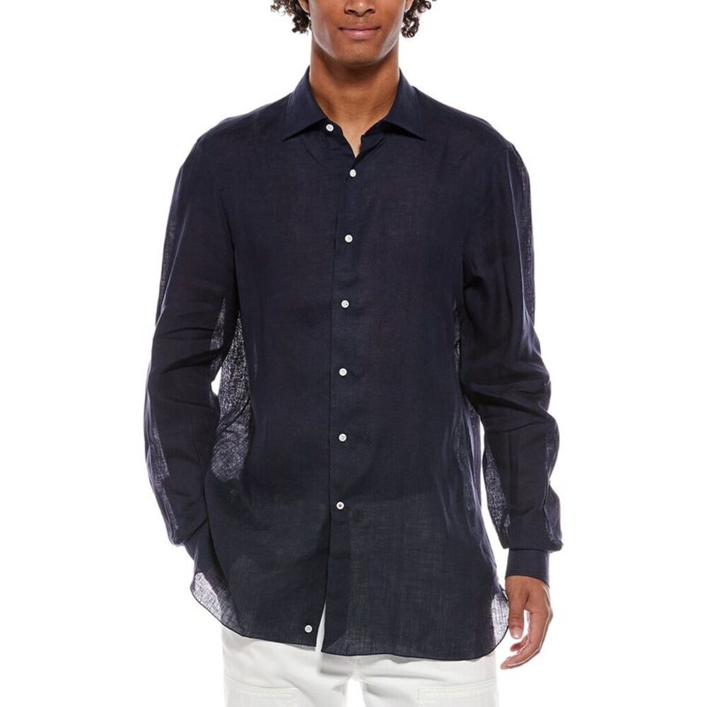 Isaia Mens  Milano Mix Linen Dress Shirt, Navy